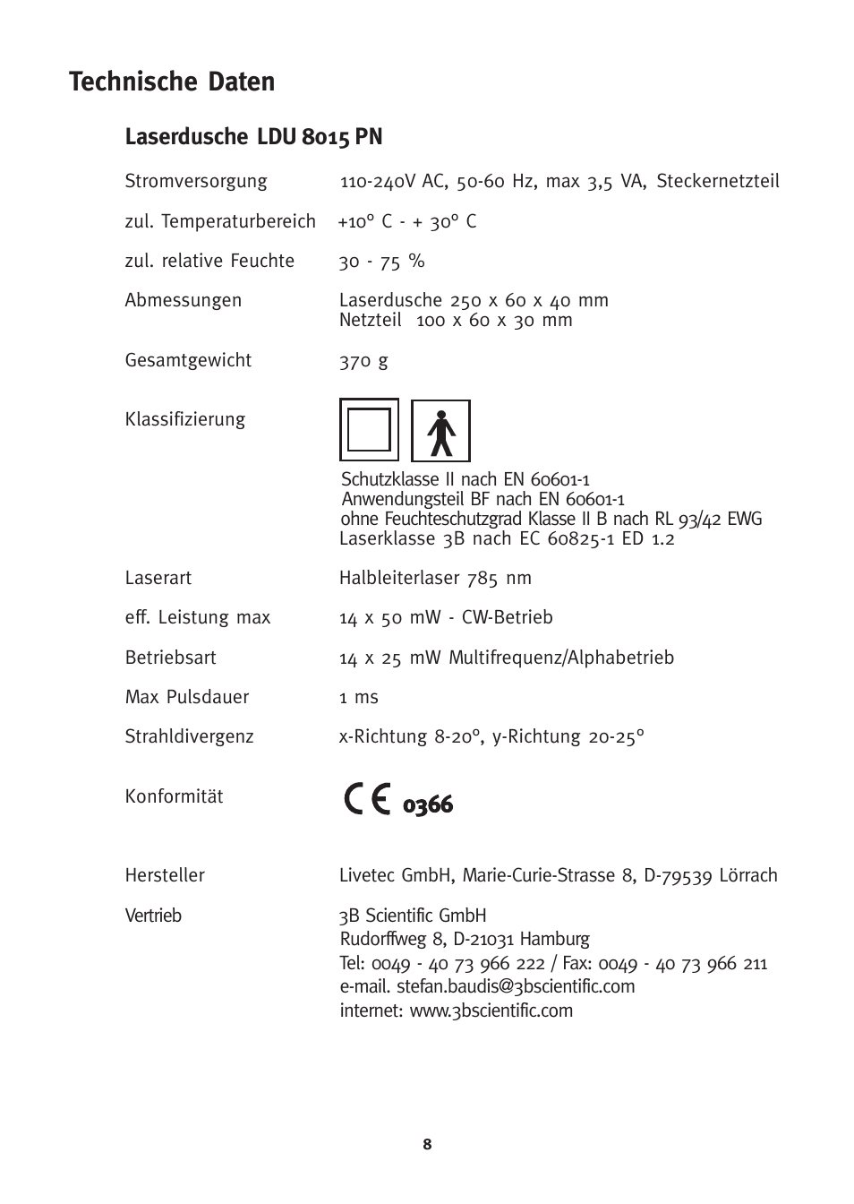 Technische daten, Laserdusche ldu 8015 pn | 3B Scientific 3B LASER SHOWER User Manual | Page 8 / 40