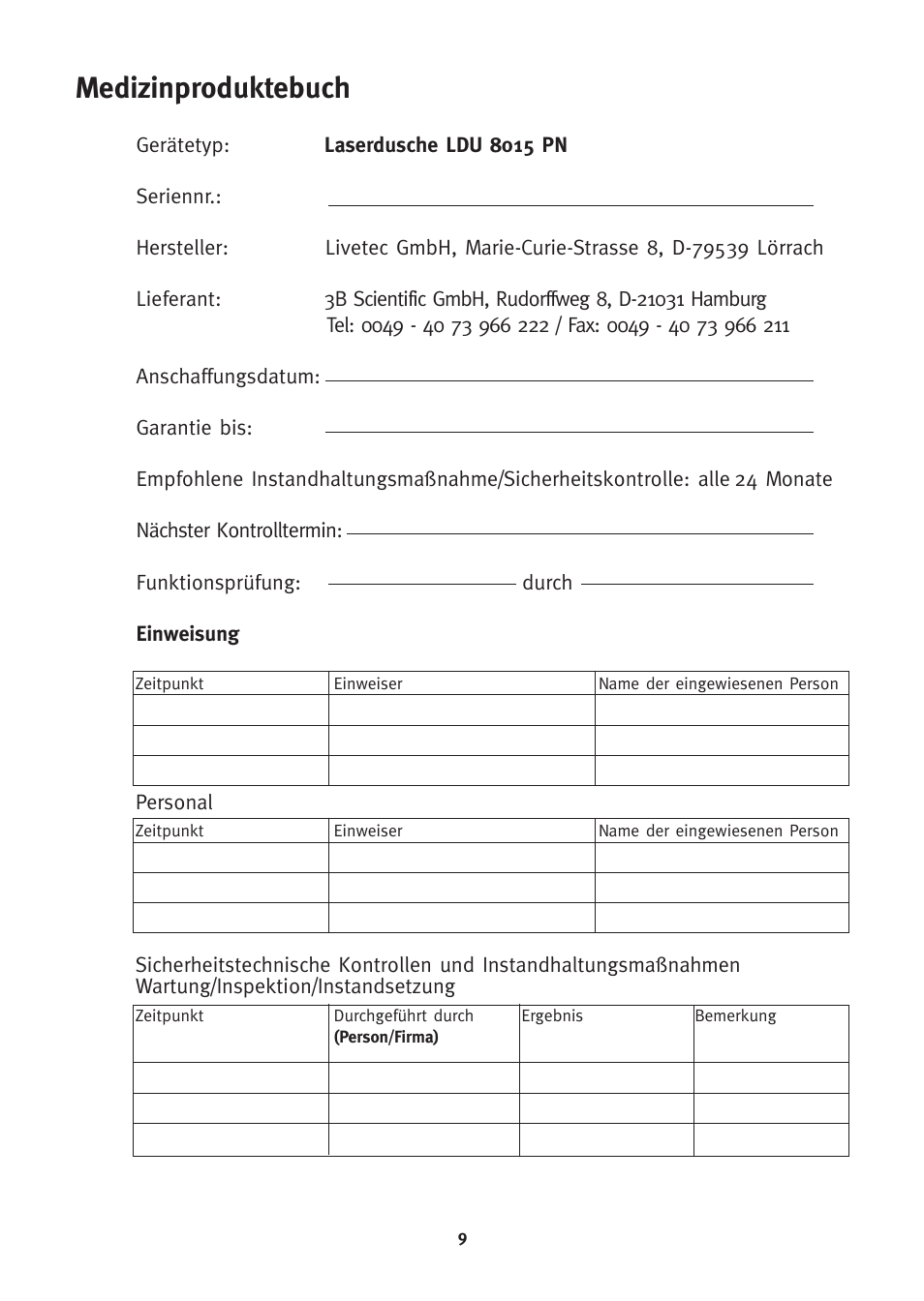 Medizinproduktebuch | 3B Scientific 3B LASER SHOWER User Manual | Page 9 / 40