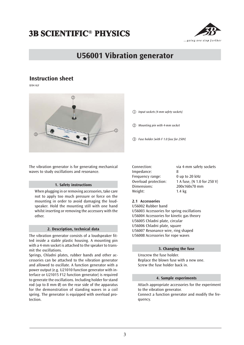 3b scientific, Instruction sheet | 3B Scientific Vibration Generator User Manual | Page 3 / 12