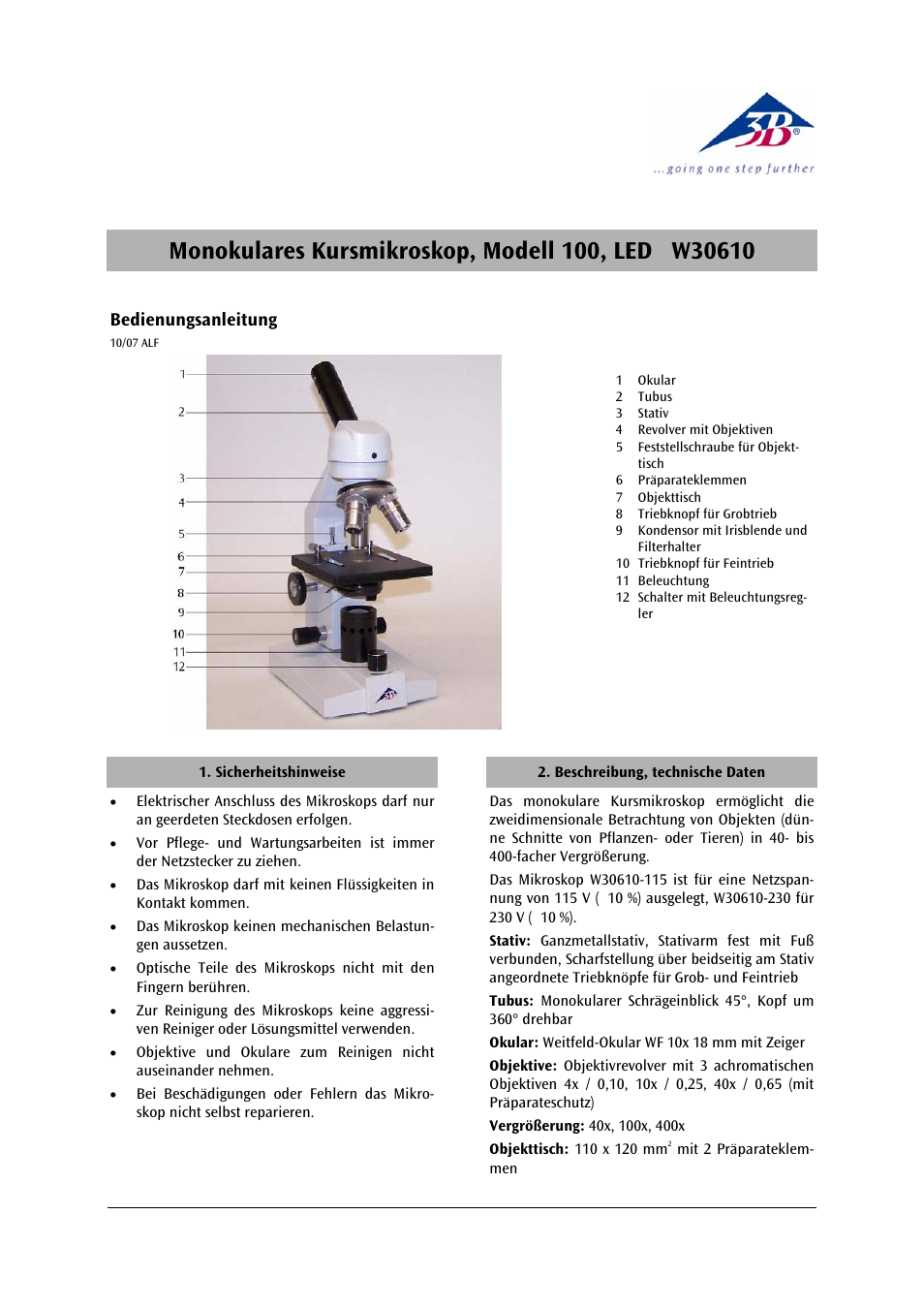 3B Scientific Digital Course Microscope Model 100, LED (230 V, 50__60 Hz) User Manual | 12 pages