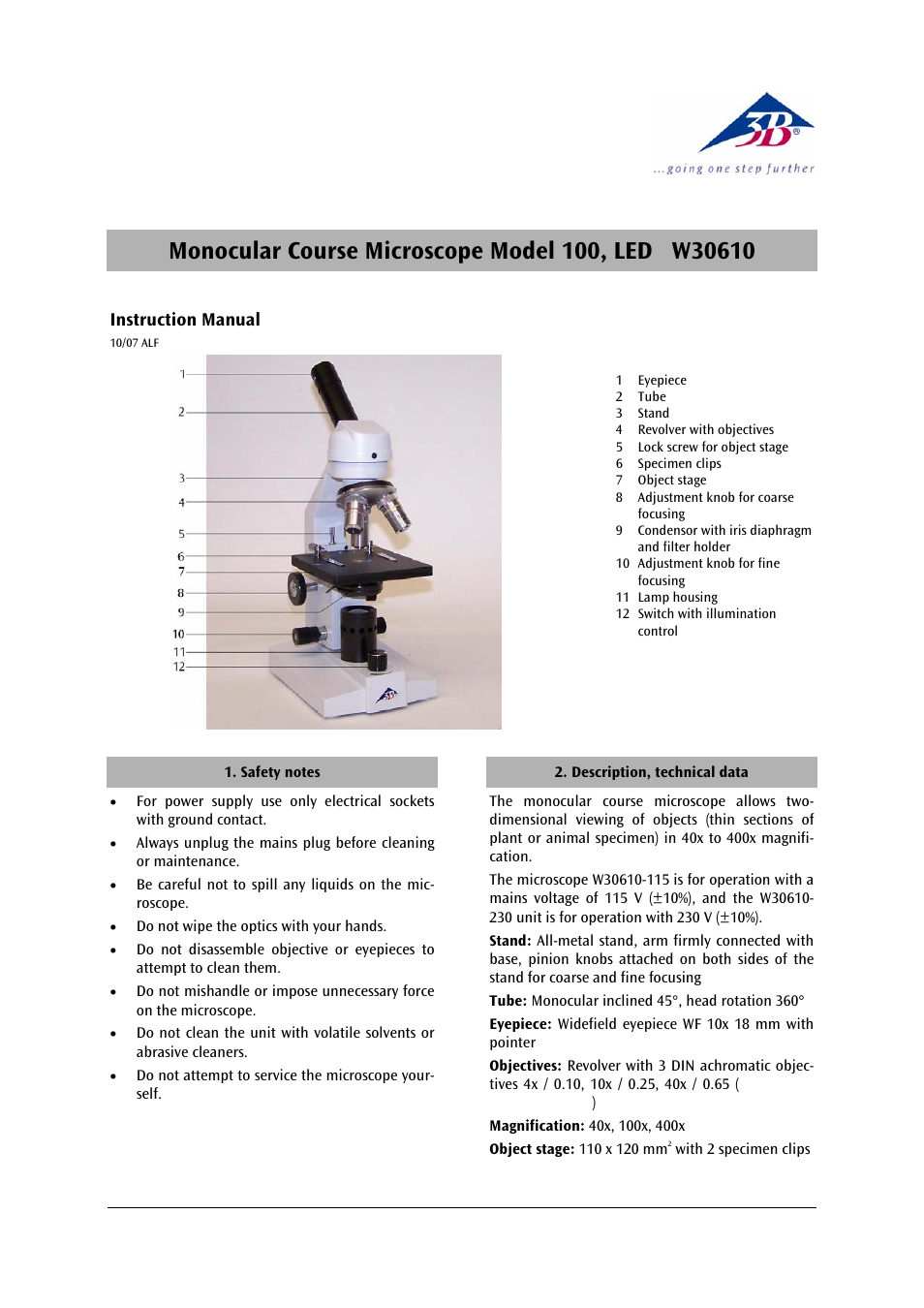 3b scientific, Physics | 3B Scientific Digital Course Microscope Model 100, LED (230 V, 50__60 Hz) User Manual | Page 3 / 12