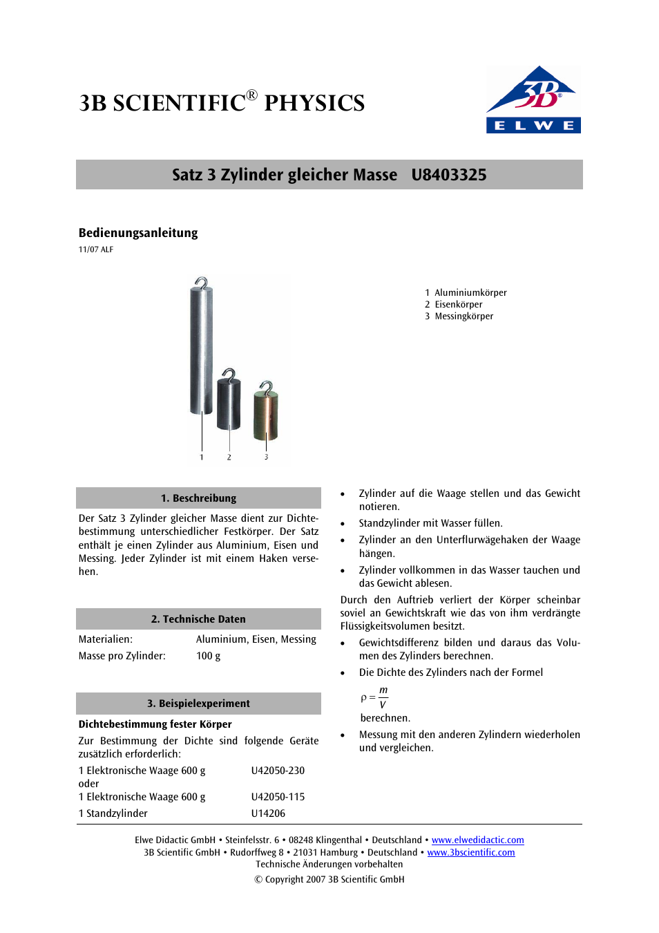 3B Scientific Set of 3 Cylinders, Equal in Mass User Manual | 6 pages