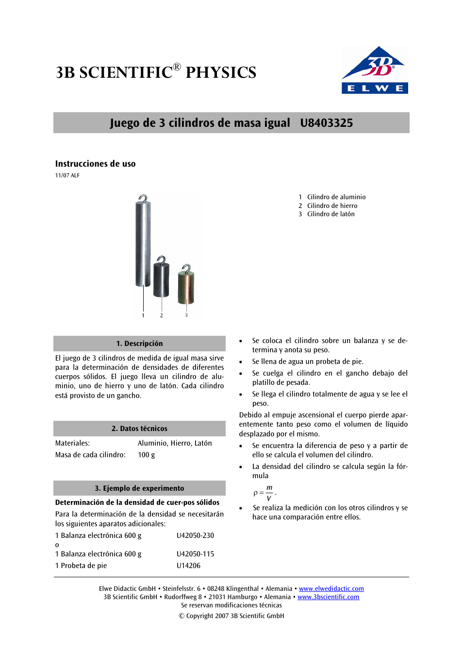 3b scientific, Physics | 3B Scientific Set of 3 Cylinders, Equal in Mass User Manual | Page 5 / 6