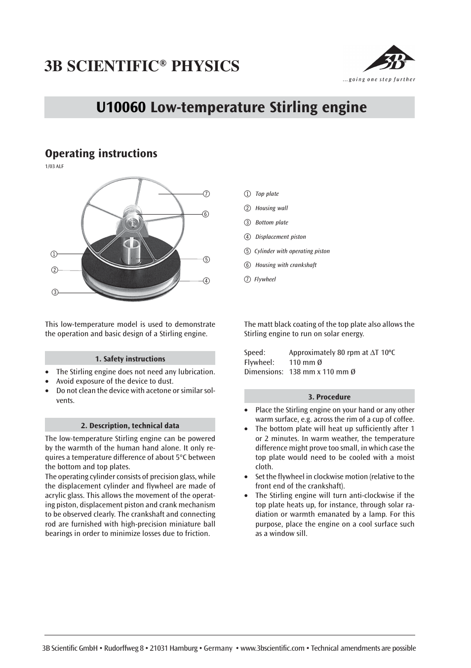 3B Scientific Low Temperature Stirling Engine, Acrylic User Manual | 1 page