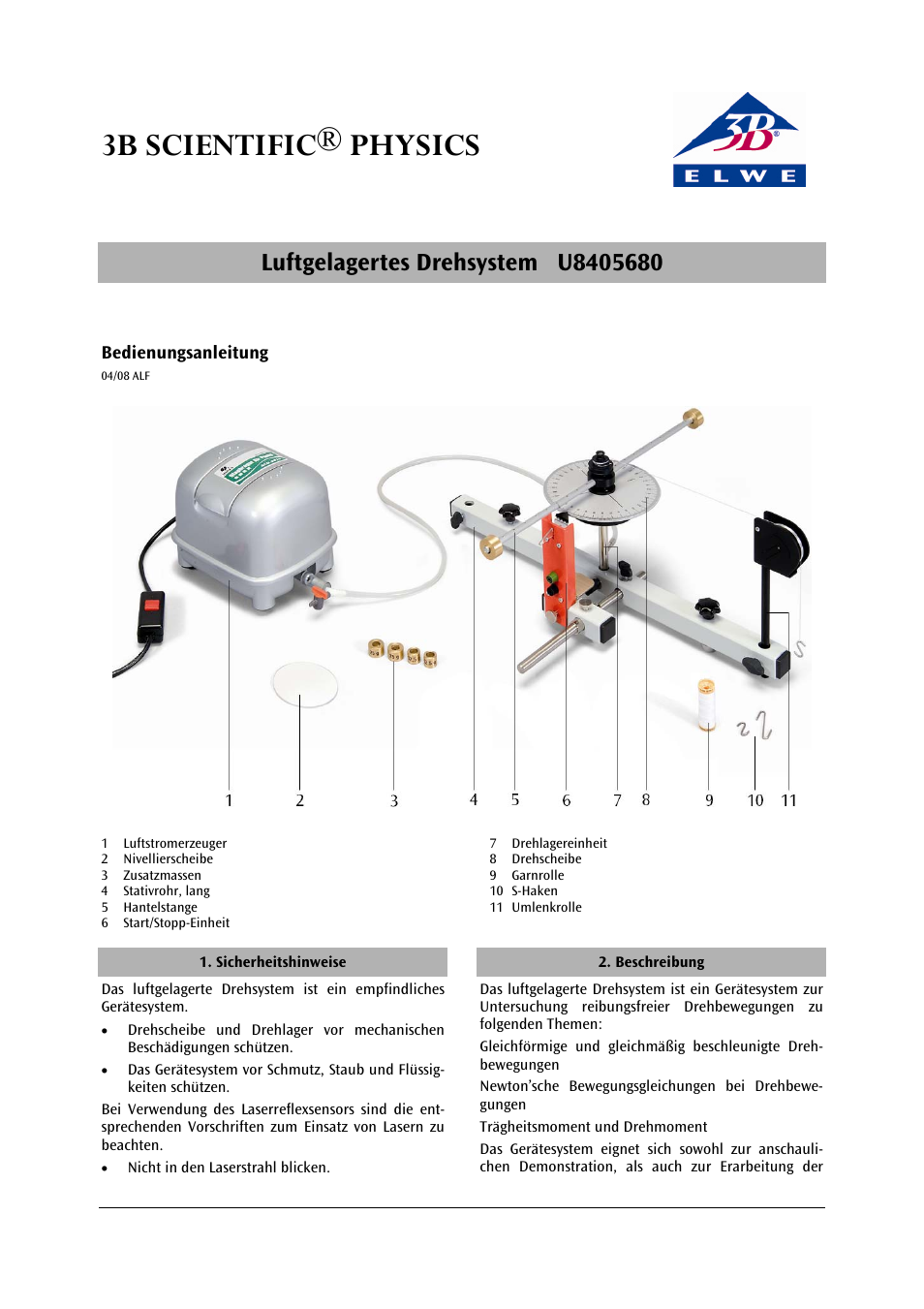 3B Scientific Rotating System on Air Bed (230 V, 50__60 Hz) User Manual | 36 pages