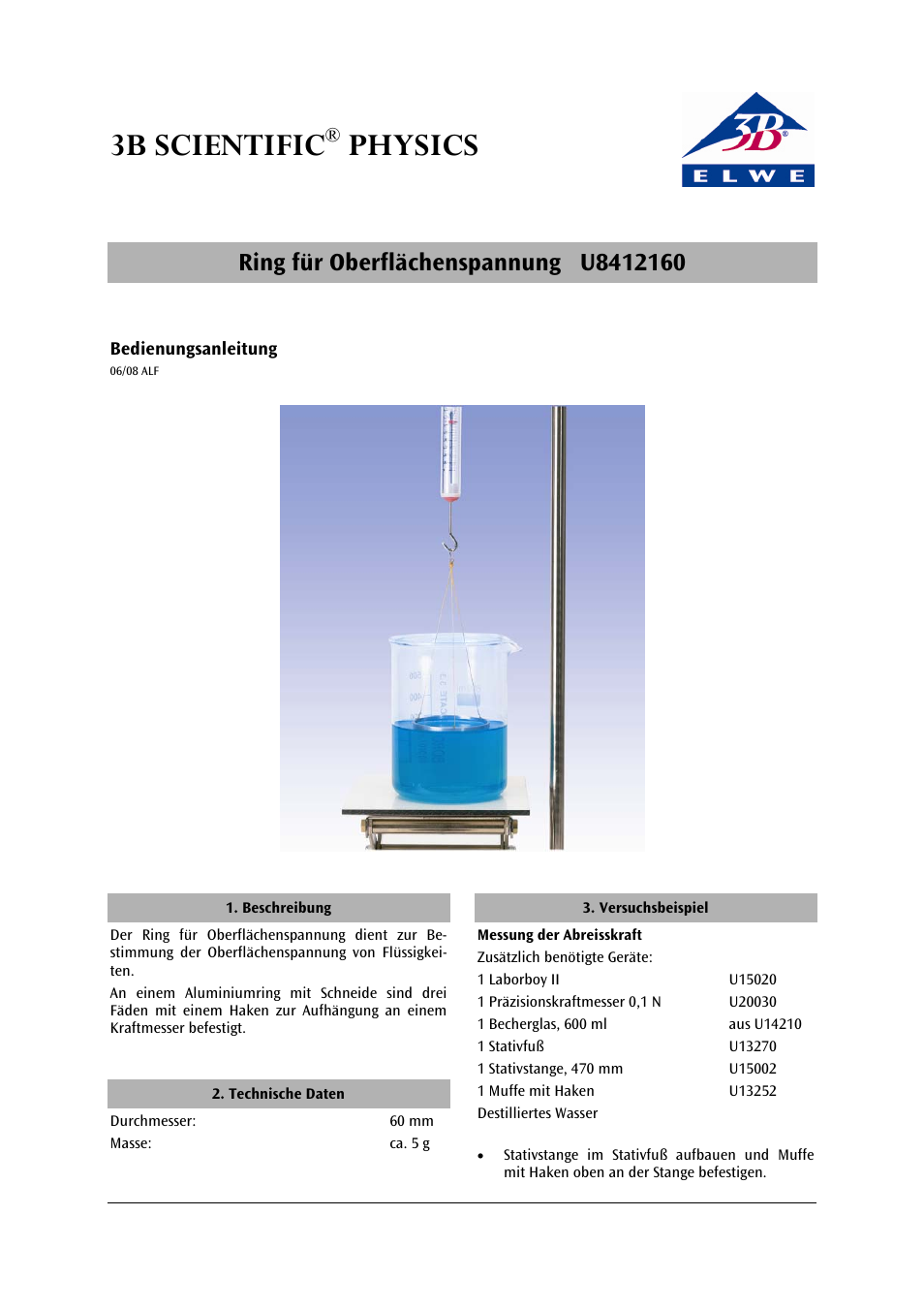 3B Scientific Surface Tension Ring User Manual | 12 pages