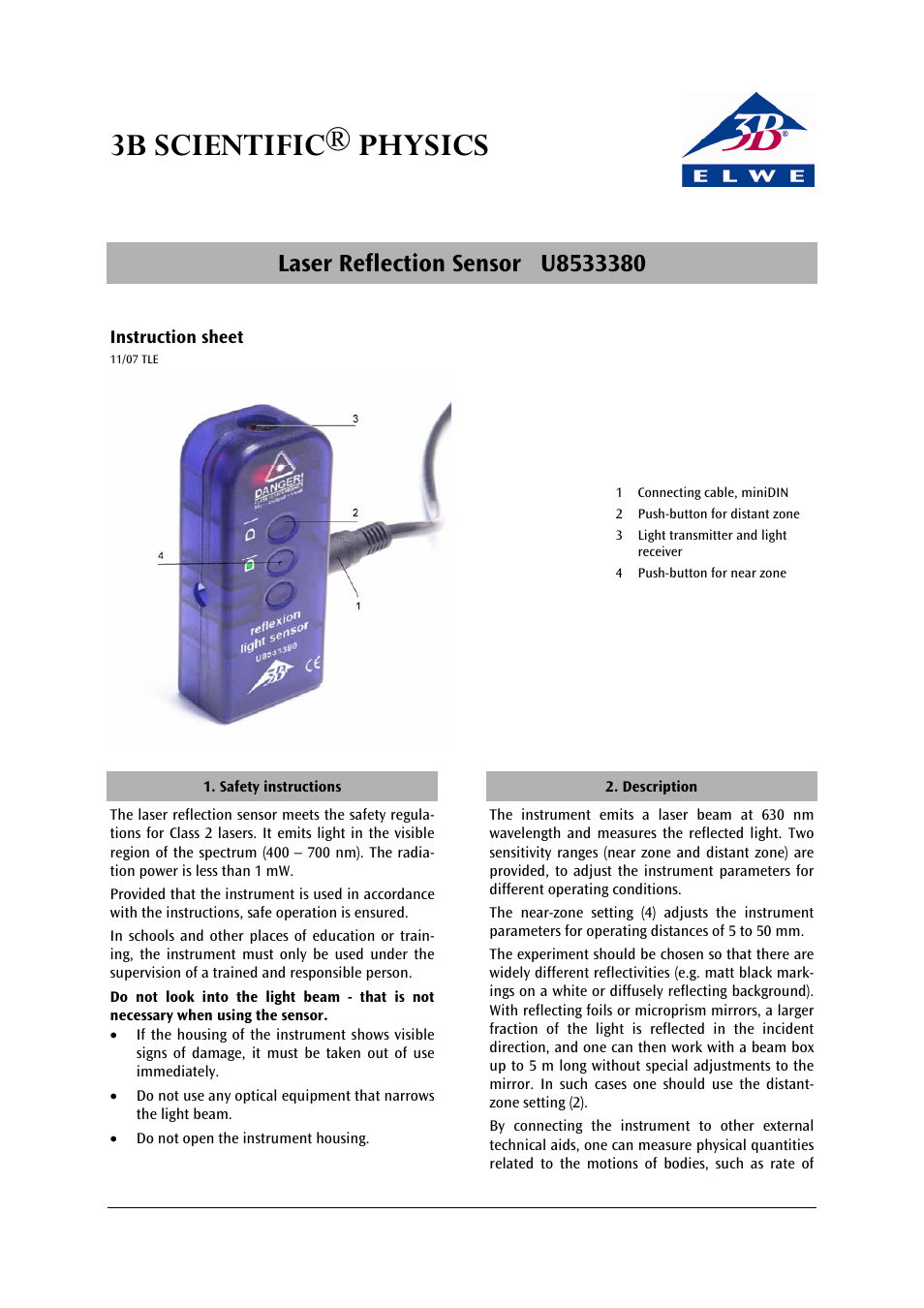 3B Scientific Laser Reflection Sensor User Manual | 2 pages