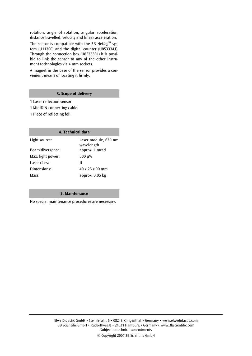 3B Scientific Laser Reflection Sensor User Manual | Page 2 / 2