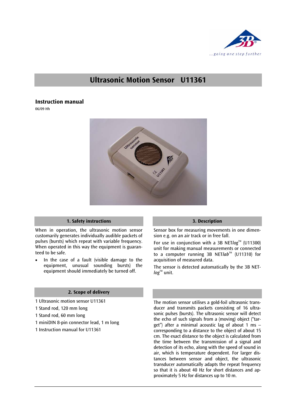 3B Scientific Ultrasonic Motion Sensor User Manual | 4 pages