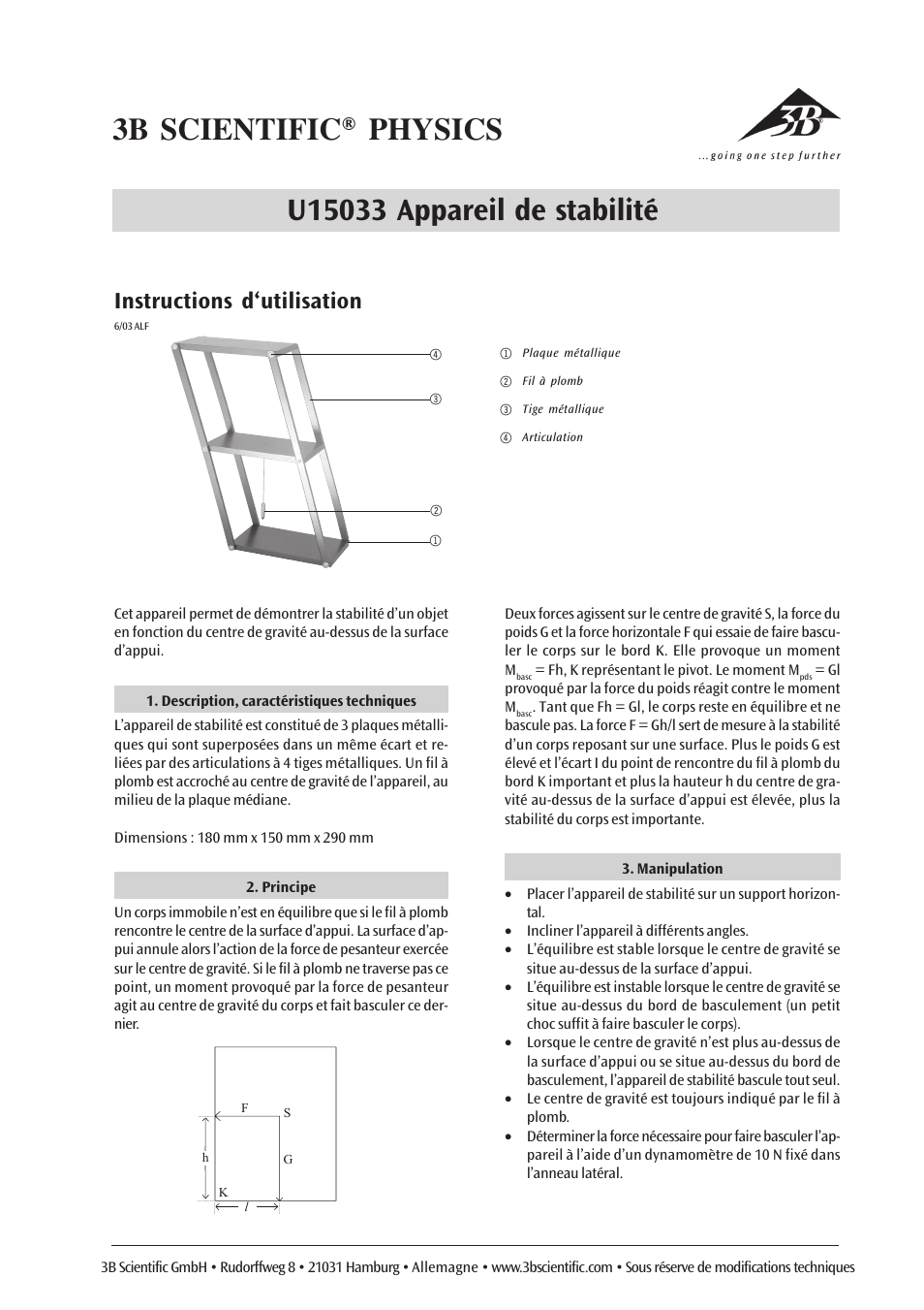 Instructions d‘utilisation | 3B Scientific Stability Apparatus User Manual | Page 3 / 6