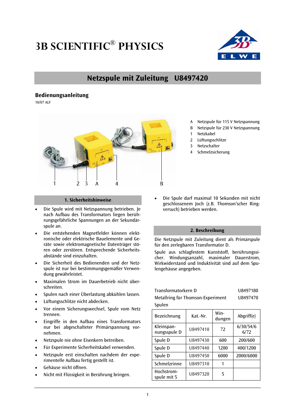 3B Scientific Mains Coil with Connecting Lead (115 V, 50__60 Hz) User Manual | 12 pages