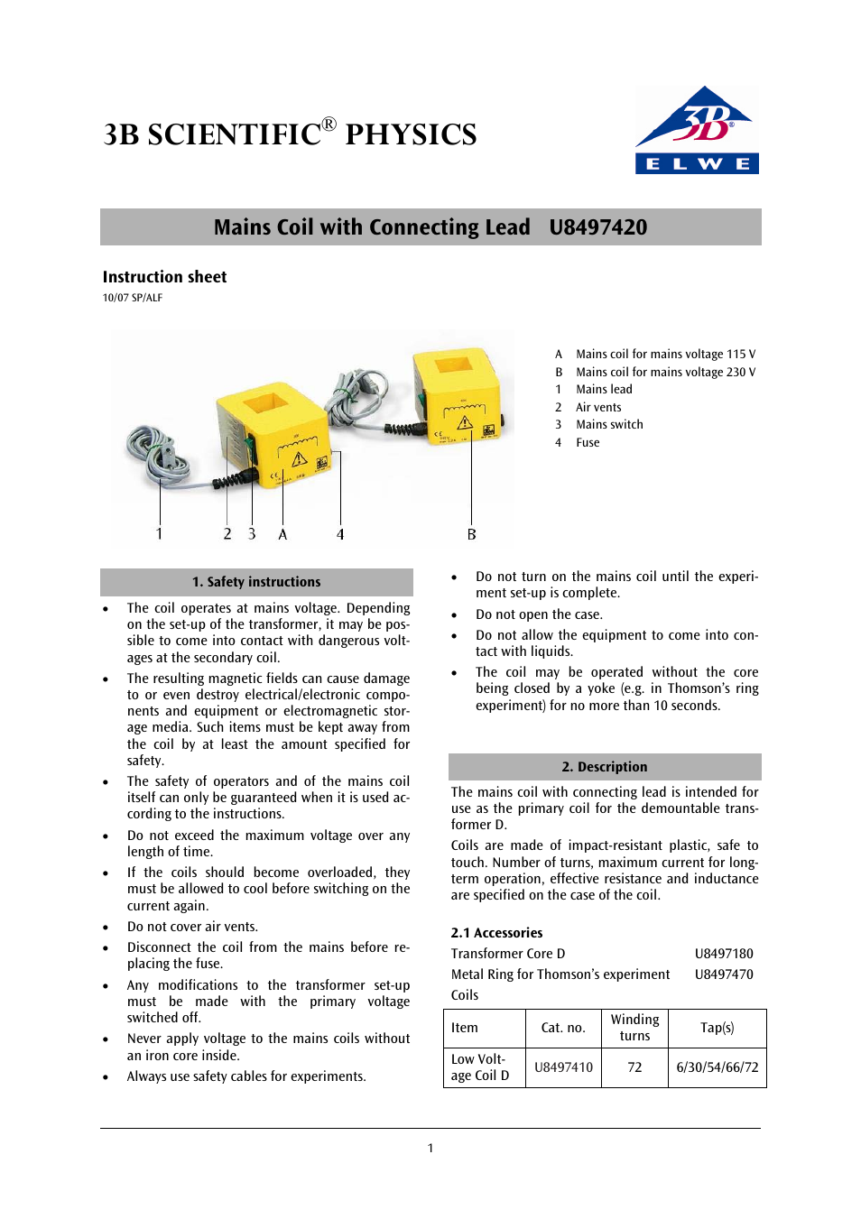 3b scientific, Physics | 3B Scientific Mains Coil with Connecting Lead (115 V, 50__60 Hz) User Manual | Page 3 / 12