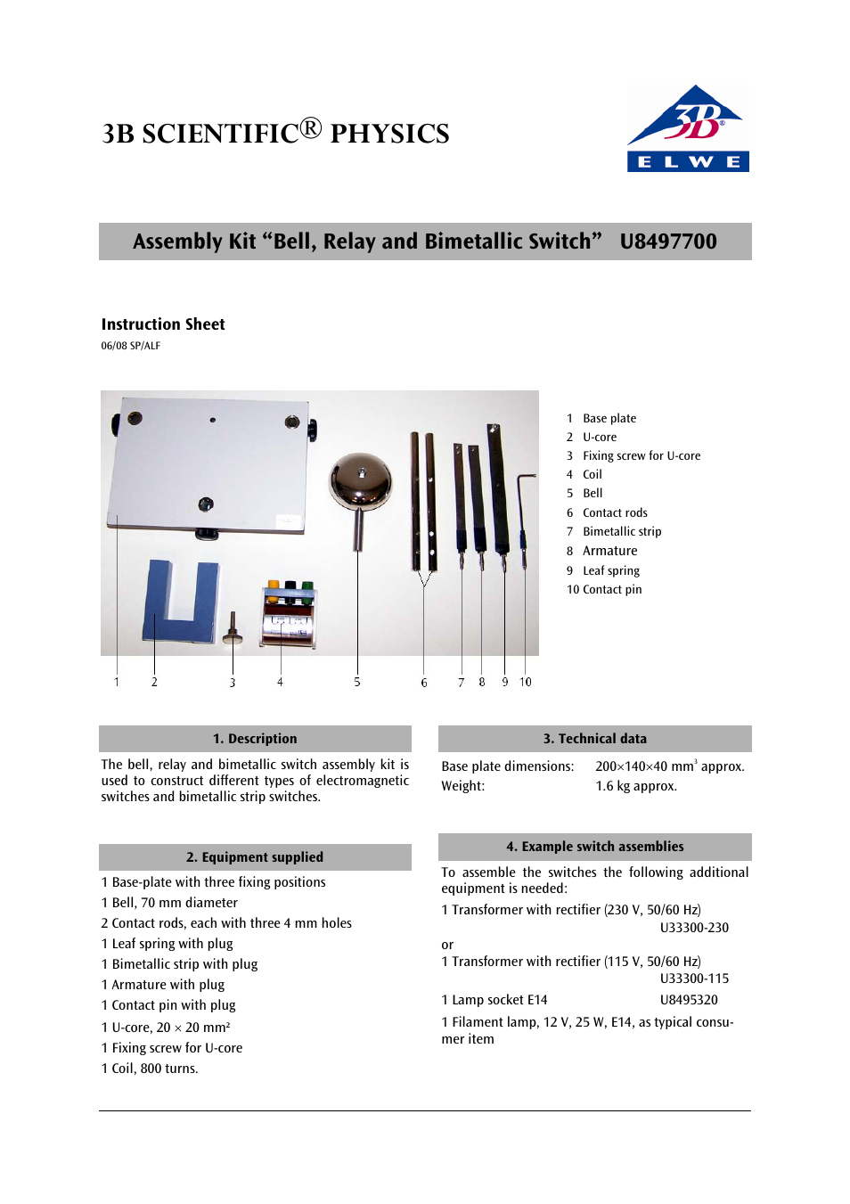 3B Scientific Assembly Kit “Bell, Relay and Bimetallic Switch ” User Manual | 2 pages