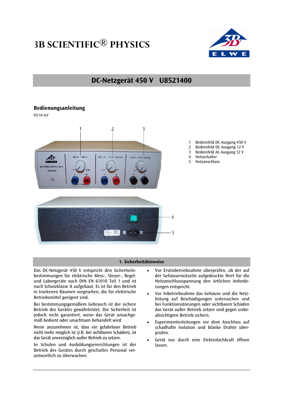 3B Scientific DC Power Supply, 450 V (115 V, 50__60 Hz) User Manual | 24 pages