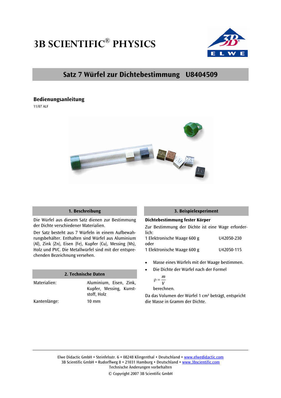 3B Scientific Set of Seven 7 Cubes for Determining Density User Manual | 6 pages