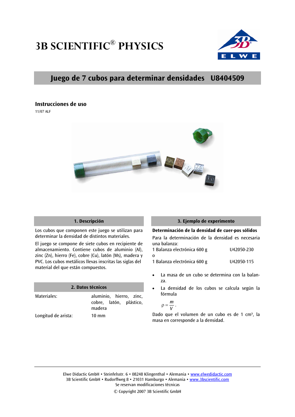 3b scientific, Physics | 3B Scientific Set of Seven 7 Cubes for Determining Density User Manual | Page 5 / 6