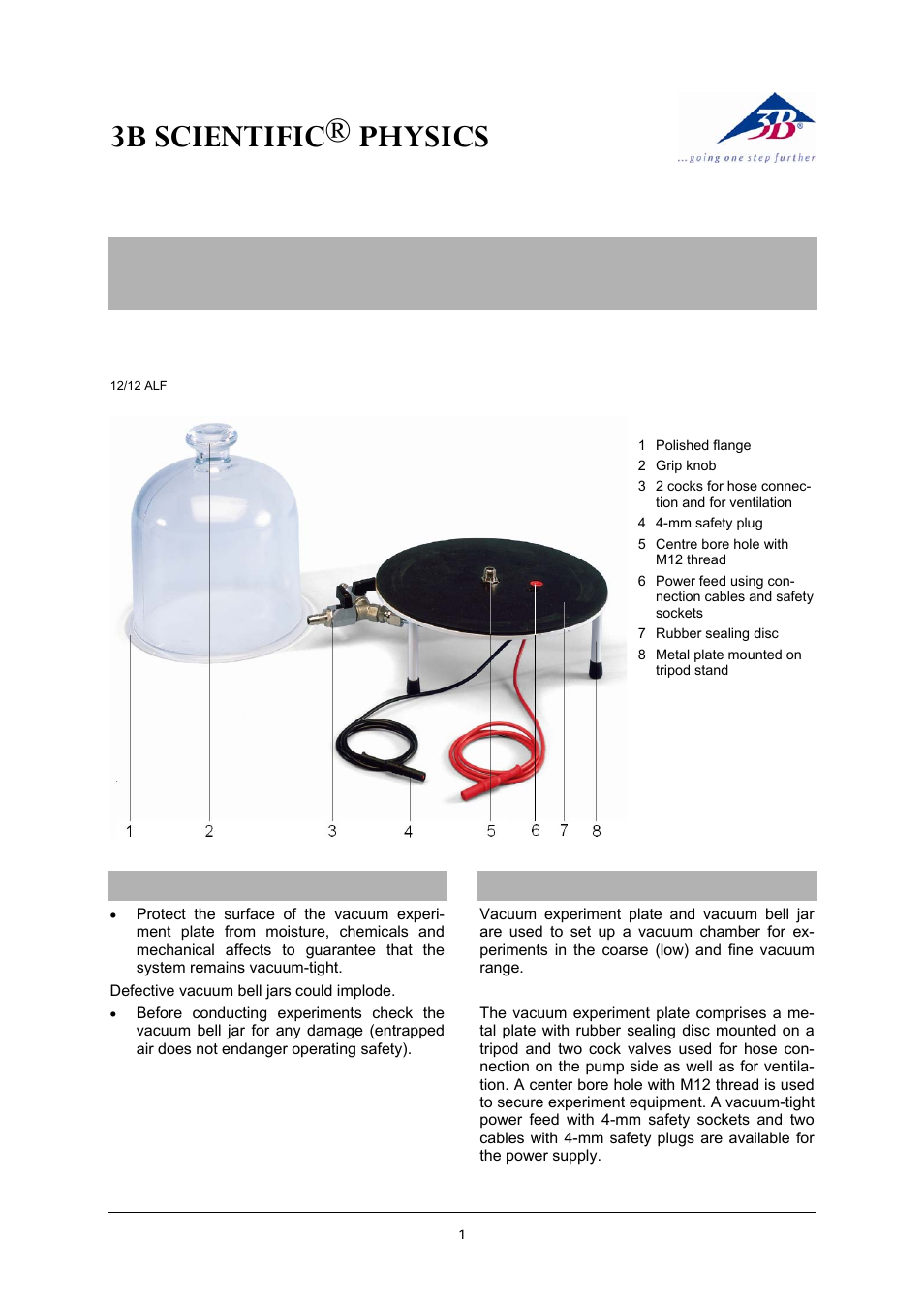 3B Scientific Vacuum Experiment Plate User Manual | 2 pages