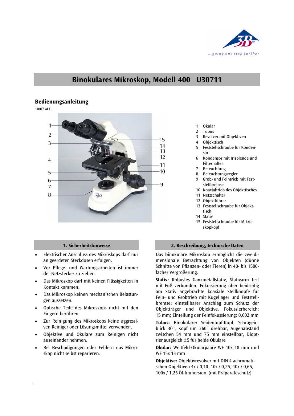 3B Scientific Binocular Microscope Model 400 User Manual | 18 pages