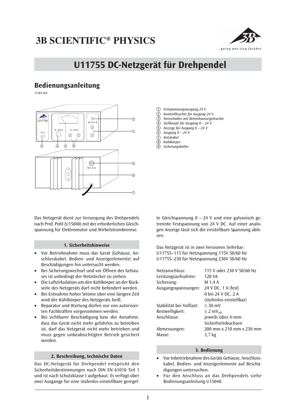 3B Scientific DC Power Supply for Torsion Pendulum (115 V, 50__60 Hz) User Manual | 12 pages