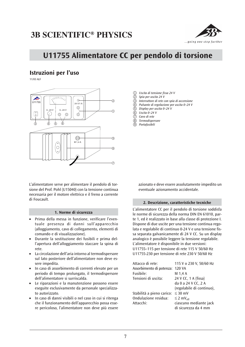3b scientific® physics, Istruzioni per l’uso | 3B Scientific DC Power Supply for Torsion Pendulum (115 V, 50__60 Hz) User Manual | Page 7 / 12