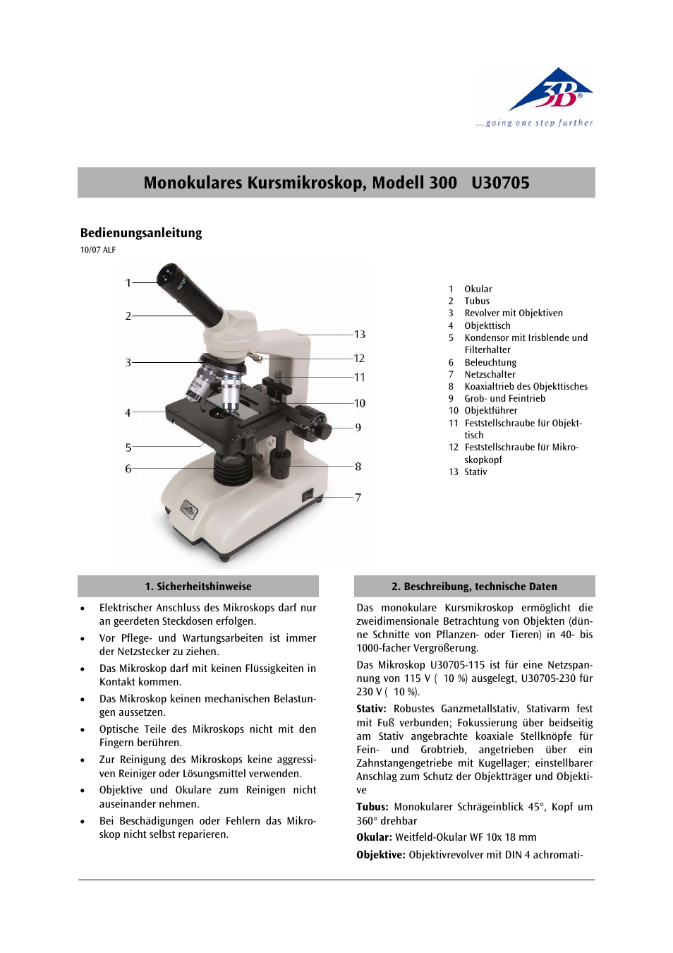 3B Scientific Monocular Course Microscope Model 300 (230 V, 50__60 Hz) User Manual | 12 pages