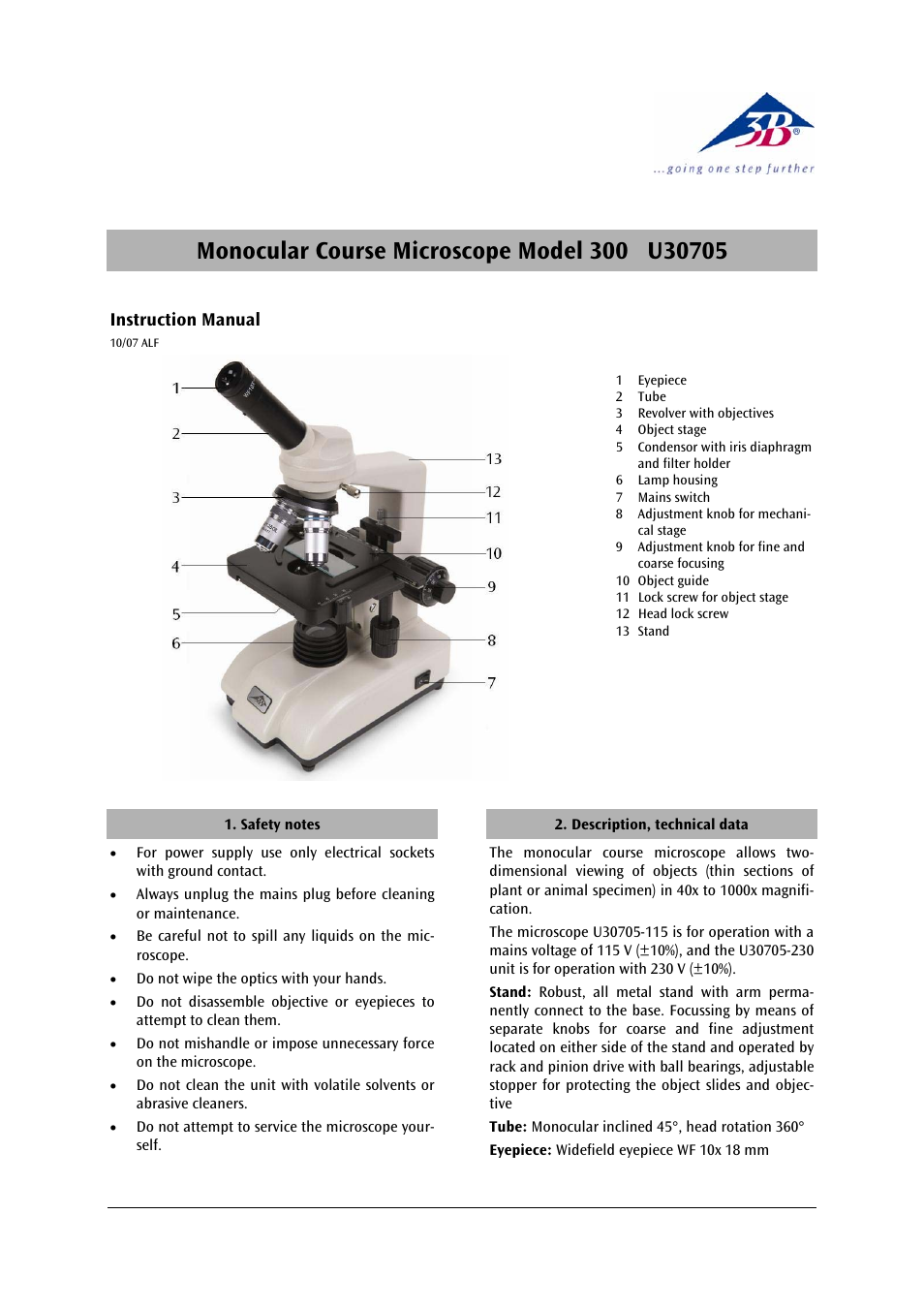 3b scientific, Physics | 3B Scientific Monocular Course Microscope Model 300 (230 V, 50__60 Hz) User Manual | Page 3 / 12