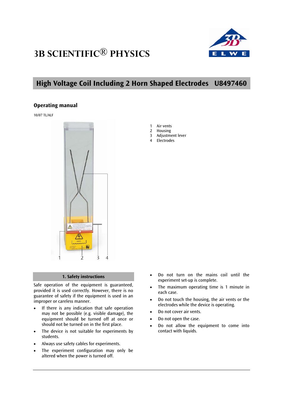 3B Scientific High Voltage Coil with Horn Electrodes User Manual | 2 pages