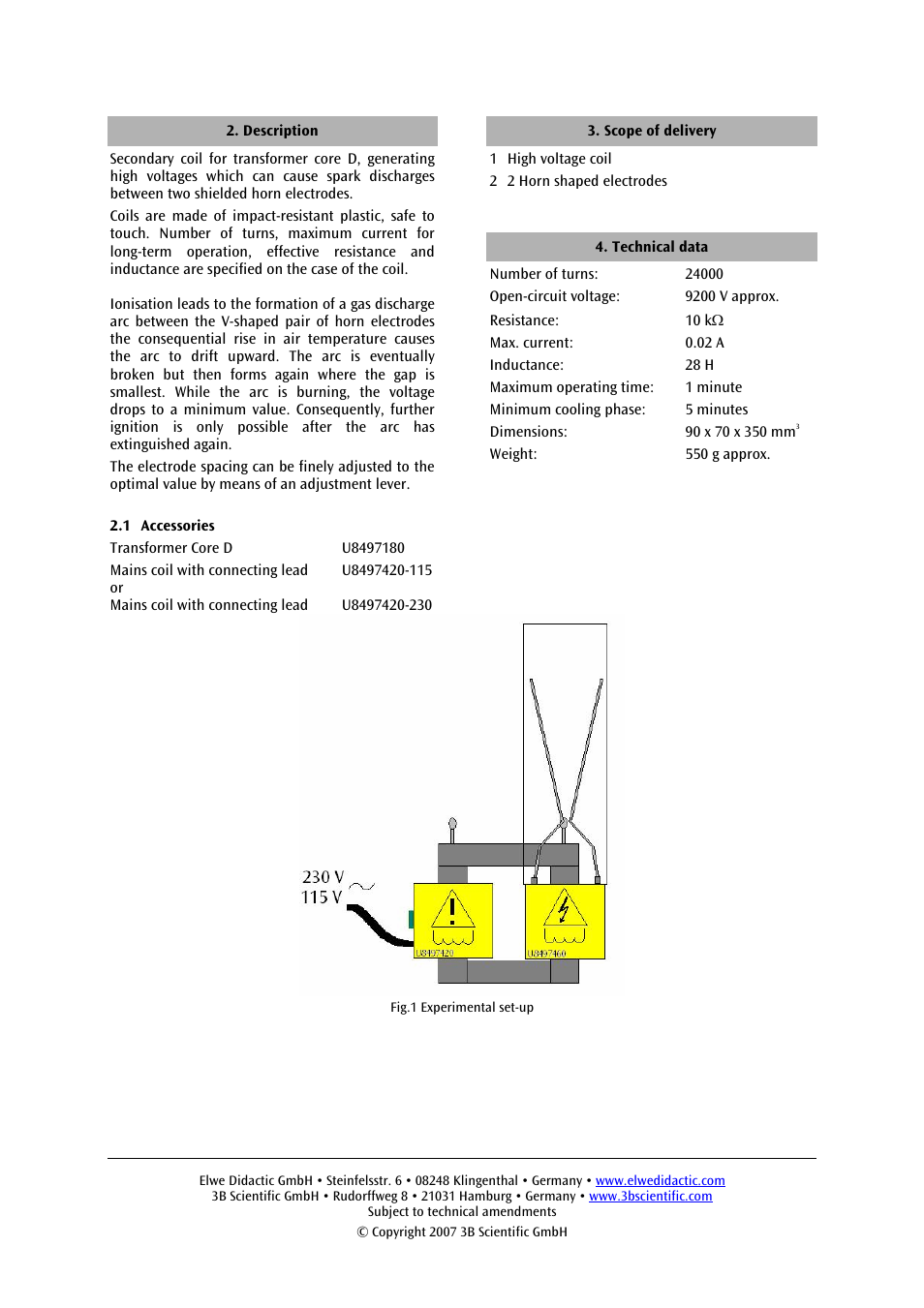 3B Scientific High Voltage Coil with Horn Electrodes User Manual | Page 2 / 2