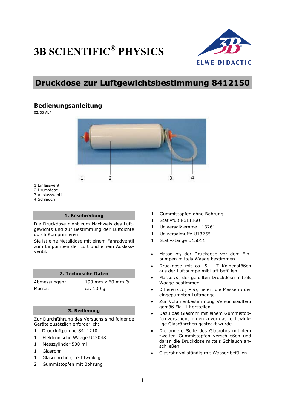 3B Scientific Pressure Container for Determining Weight of Air User Manual | 12 pages