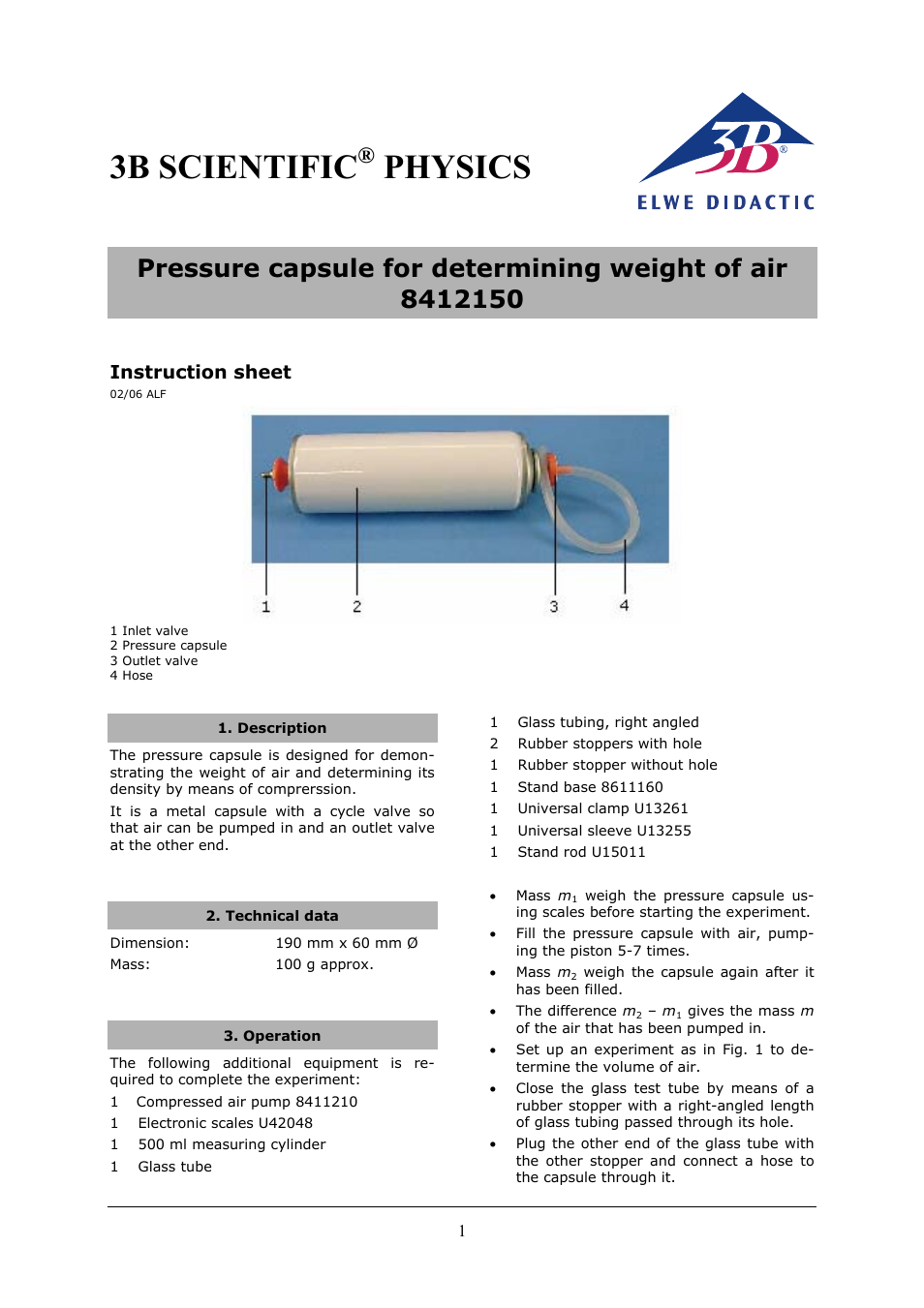 3b scientific, Physics, Instruction sheet | 3B Scientific Pressure Container for Determining Weight of Air User Manual | Page 3 / 12