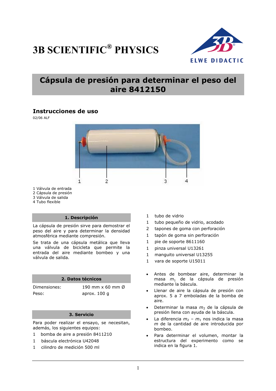 3b scientific, Physics, Instrucciones de uso | 3B Scientific Pressure Container for Determining Weight of Air User Manual | Page 9 / 12