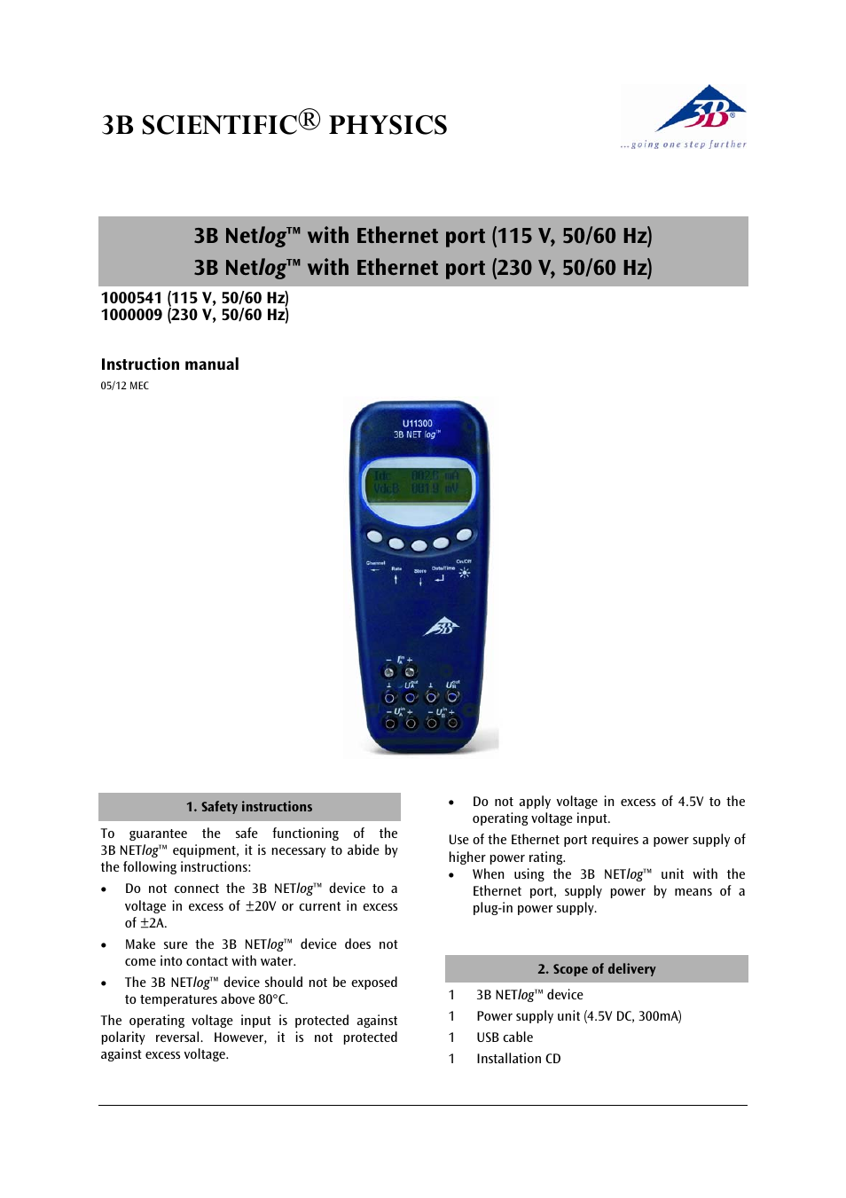 3B Scientific 3B NETlog™ with Ethernet Port (230 V, 50__60 Hz) User Manual | 12 pages