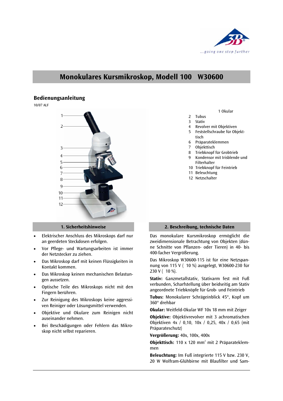 3B Scientific Monocular Course Microscope Model 100 (230 V, 50__60 Hz) User Manual | 12 pages