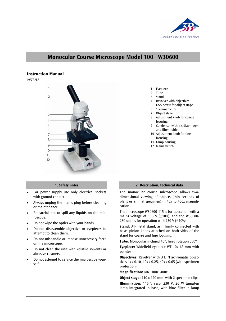 3b scientific, Physics | 3B Scientific Monocular Course Microscope Model 100 (230 V, 50__60 Hz) User Manual | Page 3 / 12