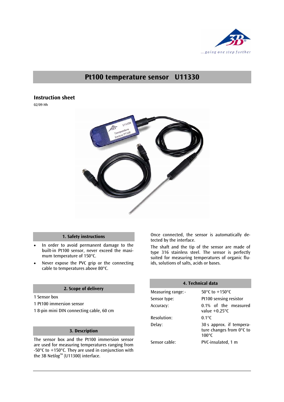 3B Scientific Temperature Sensor, Pt100 User Manual | 2 pages