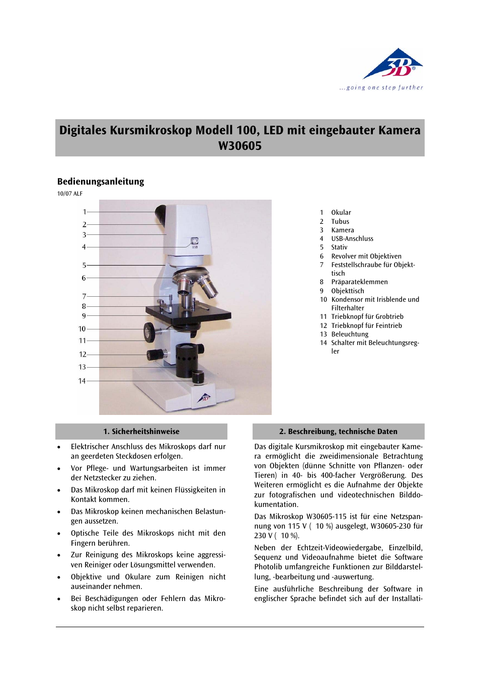 3B Scientific Digital Course Microscope Model 100, LED with Built-in Camera (230 V, 50__60 Hz) User Manual | 18 pages