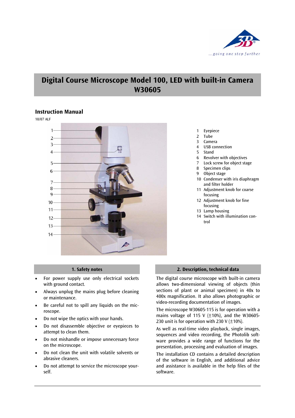 3b scientific, Physics | 3B Scientific Digital Course Microscope Model 100, LED with Built-in Camera (230 V, 50__60 Hz) User Manual | Page 4 / 18