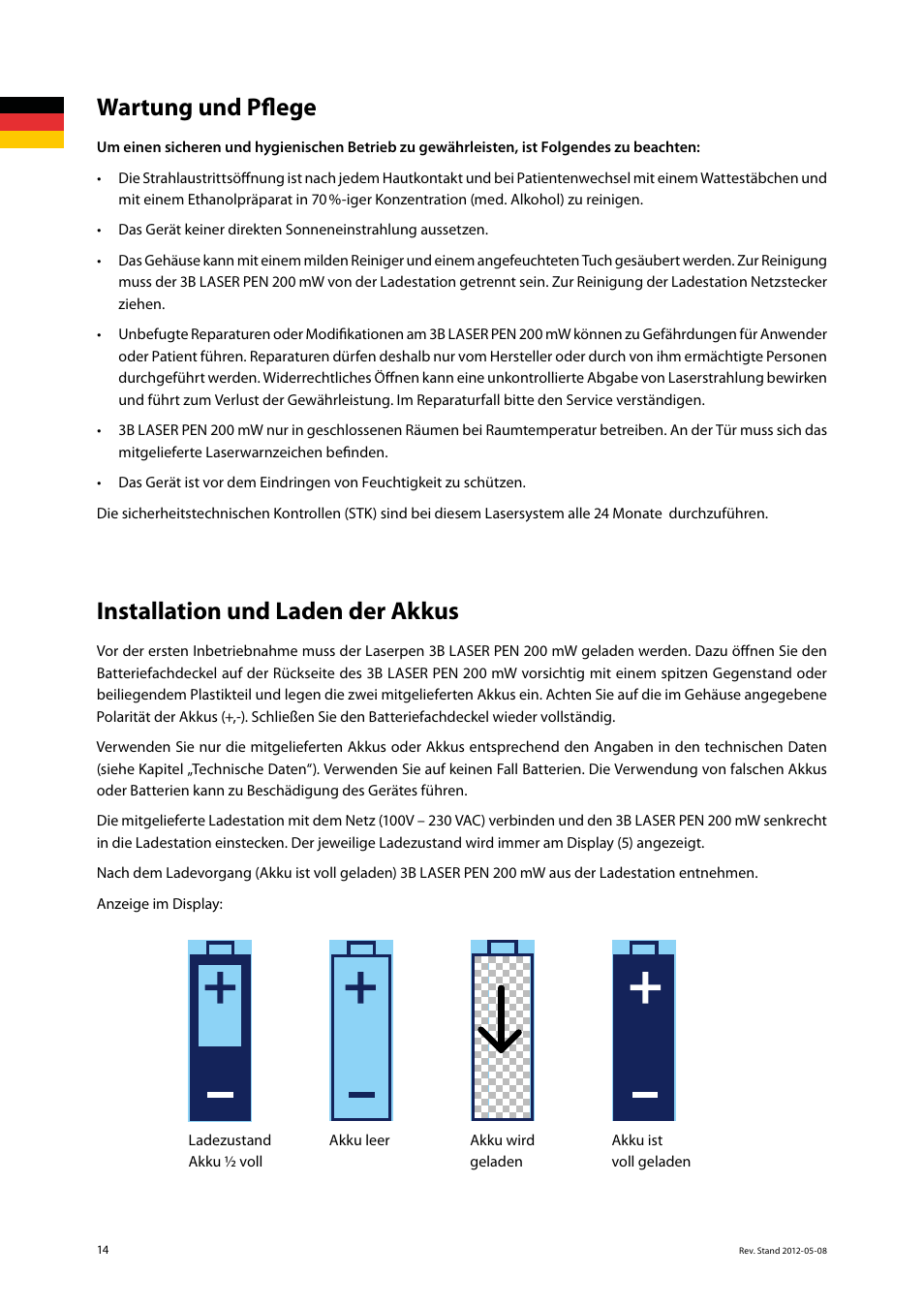 Wartung und pflege, Installation und laden der akkus | 3B Scientific Light Therapy__3B Laser Pen 200 mW, 808 nm; infrared User Manual | Page 14 / 74