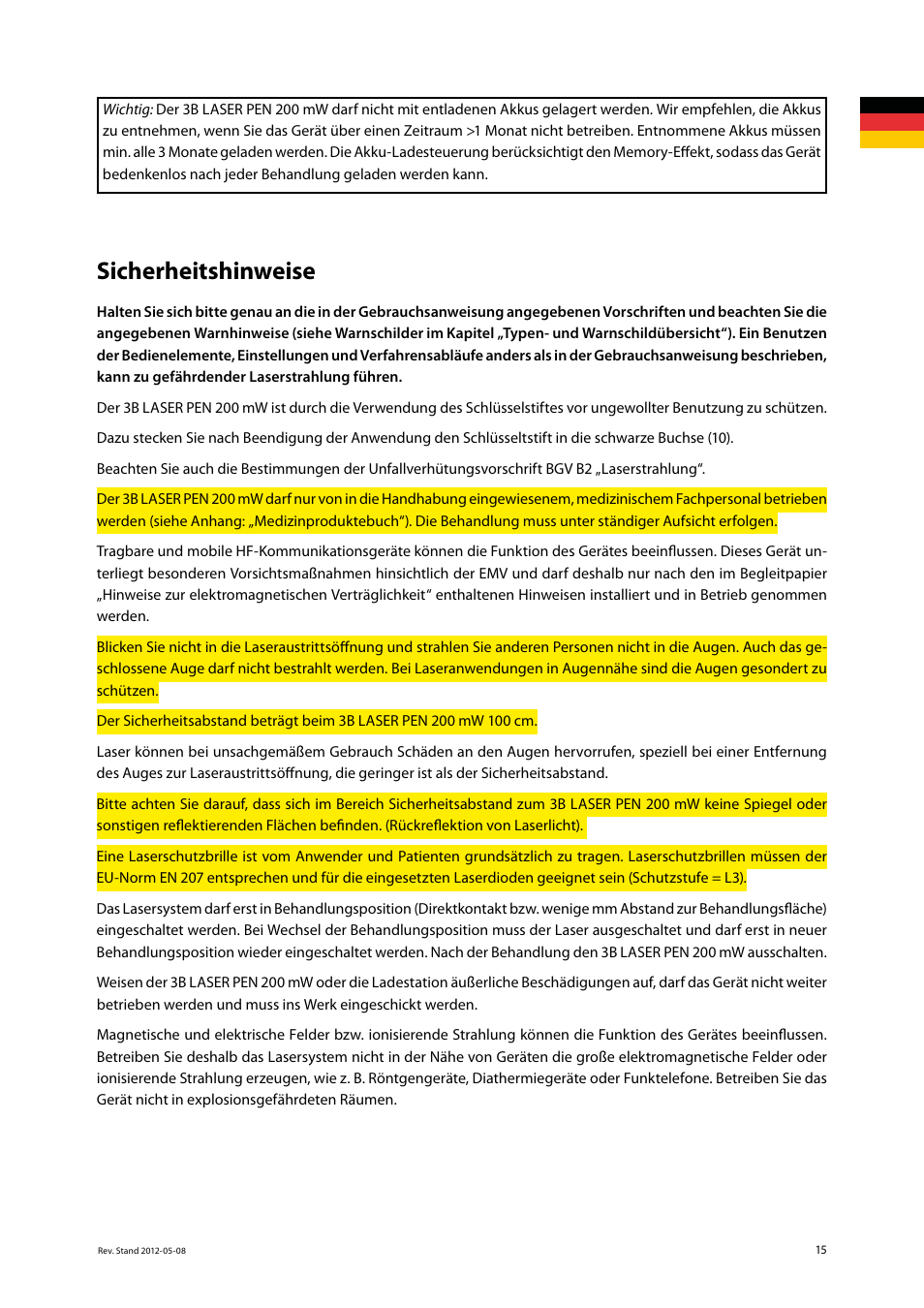 Sicherheitshinweise | 3B Scientific Light Therapy__3B Laser Pen 200 mW, 808 nm; infrared User Manual | Page 15 / 74