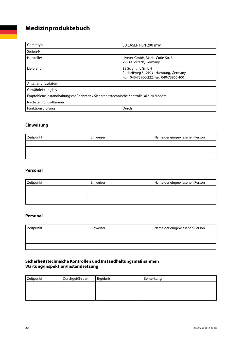 Medizinproduktebuch | 3B Scientific Light Therapy__3B Laser Pen 200 mW, 808 nm; infrared User Manual | Page 20 / 74