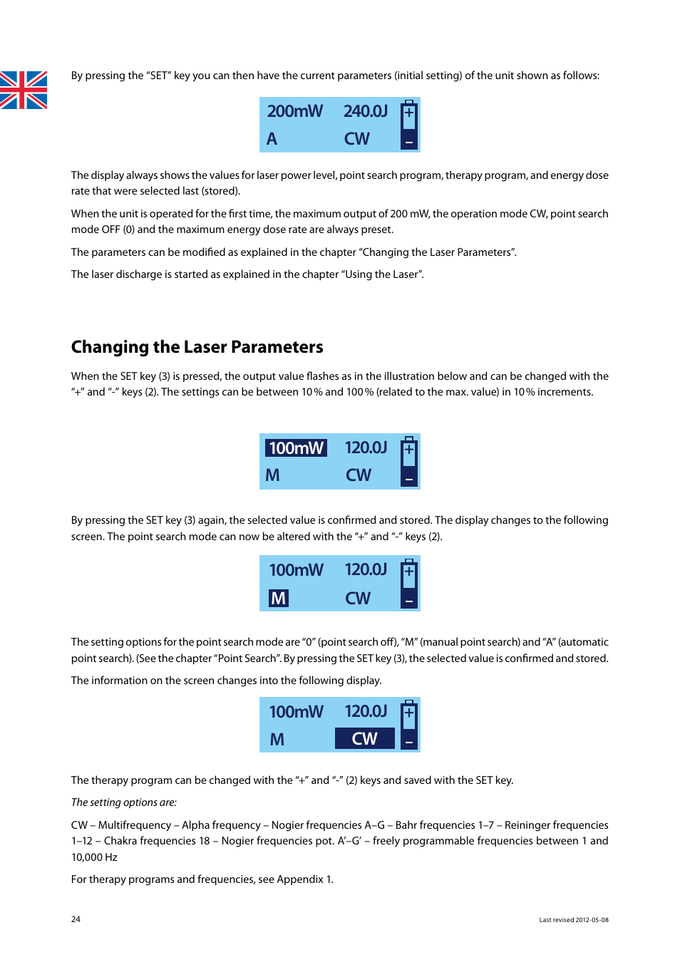 Changing the laser parameters | 3B Scientific Light Therapy__3B Laser Pen 200 mW, 808 nm; infrared User Manual | Page 24 / 74