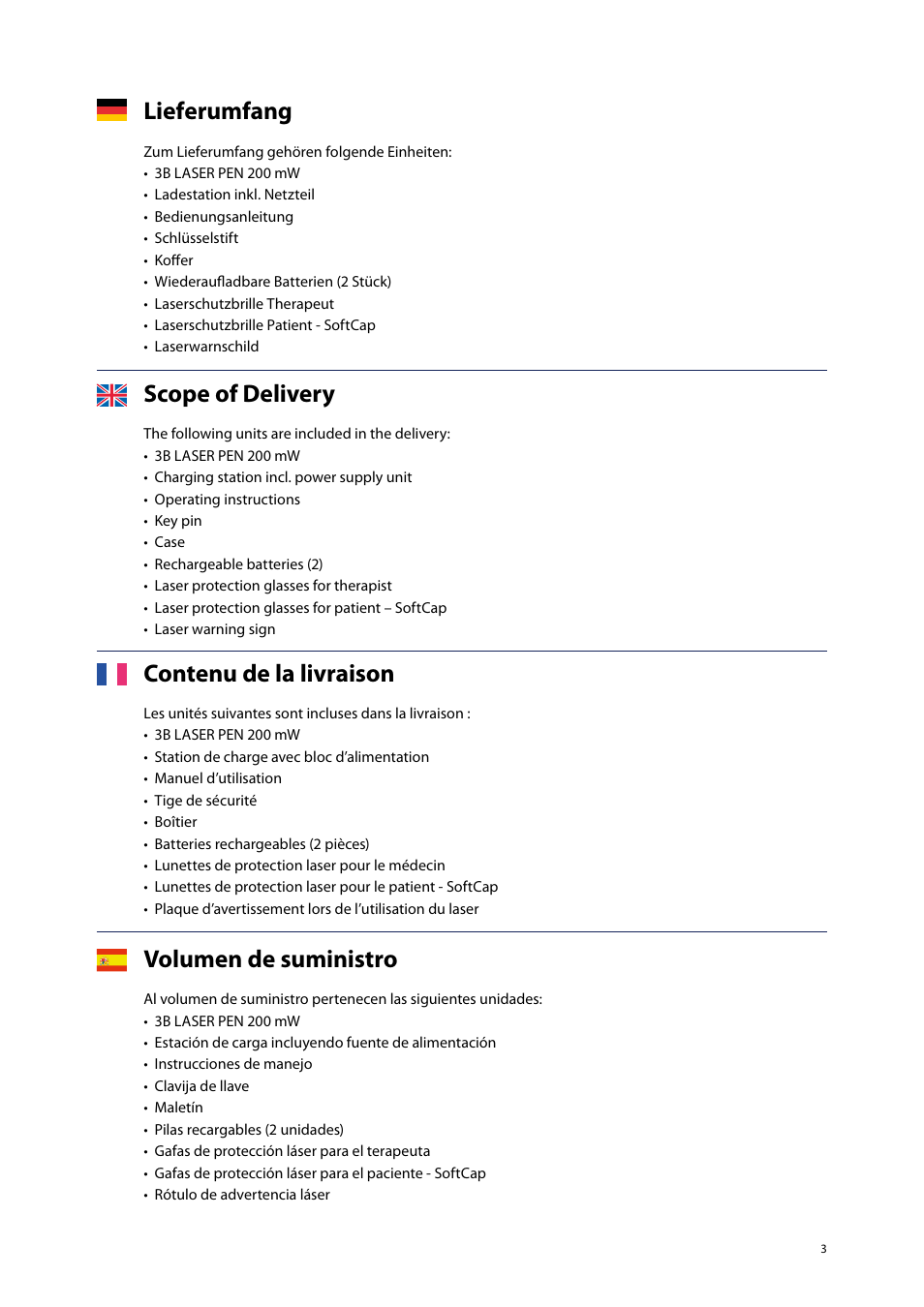 Lieferumfang, Contenu de la livraison, Scope of delivery | Volumen de suministro | 3B Scientific Light Therapy__3B Laser Pen 200 mW, 808 nm; infrared User Manual | Page 3 / 74