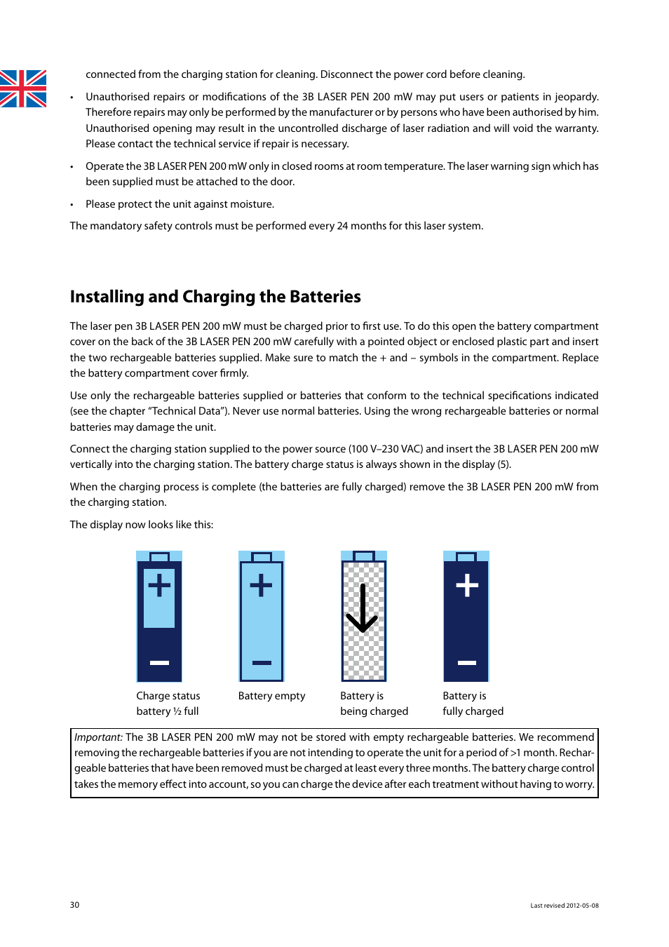 Installing and charging the batteries | 3B Scientific Light Therapy__3B Laser Pen 200 mW, 808 nm; infrared User Manual | Page 30 / 74