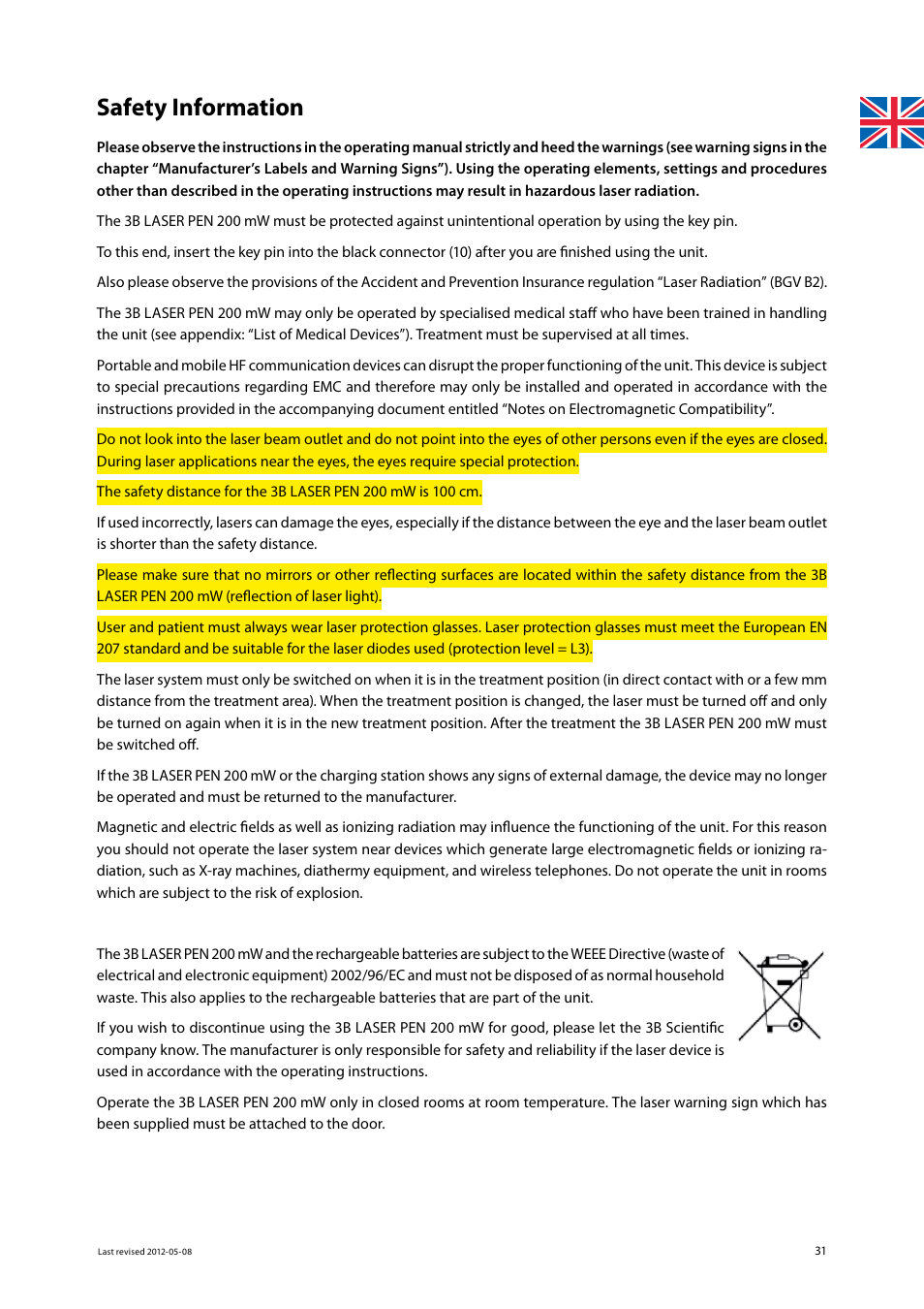 Safety information | 3B Scientific Light Therapy__3B Laser Pen 200 mW, 808 nm; infrared User Manual | Page 31 / 74