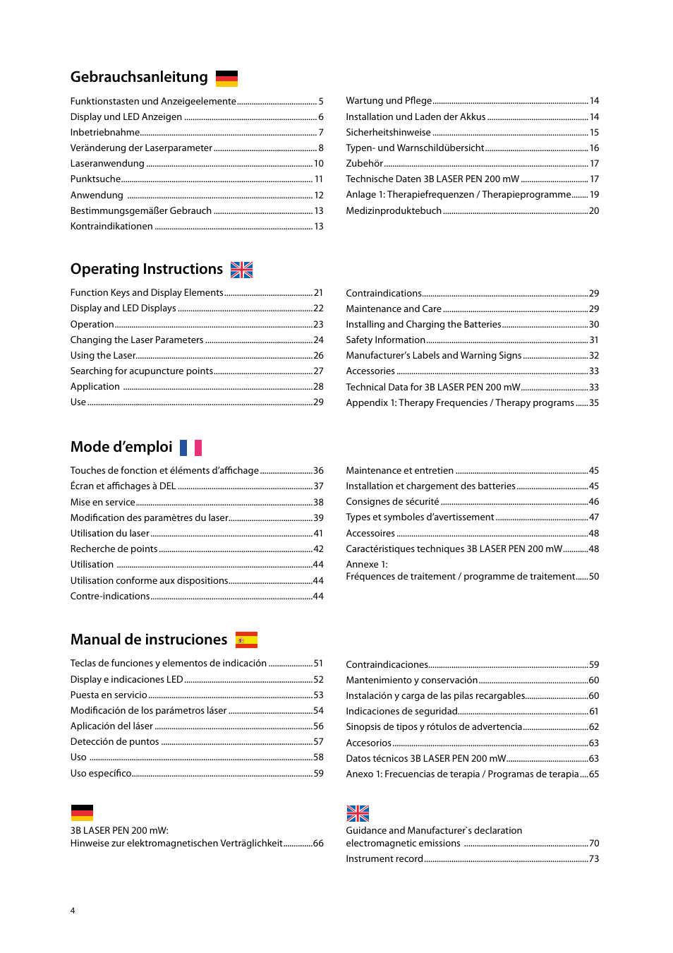 Gebrauchsanleitung, Operating instructions, Mode d’emploi | Manual de instruciones | 3B Scientific Light Therapy__3B Laser Pen 200 mW, 808 nm; infrared User Manual | Page 4 / 74