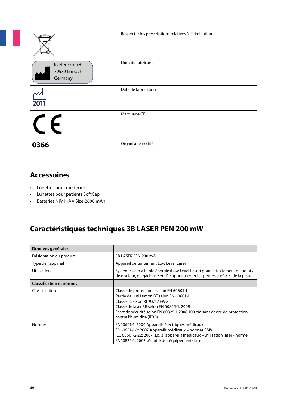 Accessoires, Caractéristiques techniques 3b laser pen 200 mw | 3B Scientific Light Therapy__3B Laser Pen 200 mW, 808 nm; infrared User Manual | Page 48 / 74