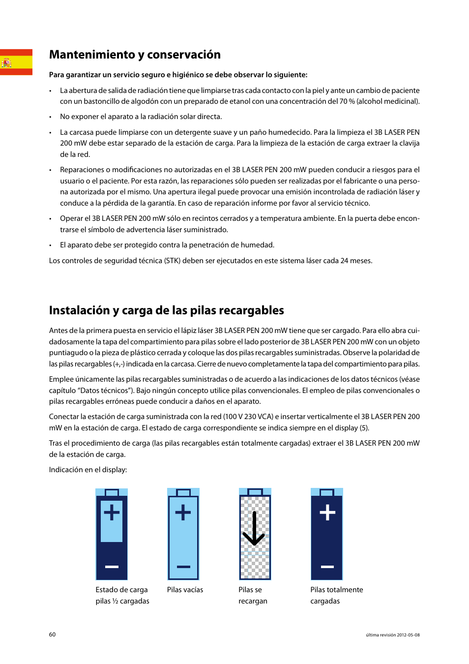 Mantenimiento y conservación, Instalación y carga de las pilas recargables | 3B Scientific Light Therapy__3B Laser Pen 200 mW, 808 nm; infrared User Manual | Page 60 / 74