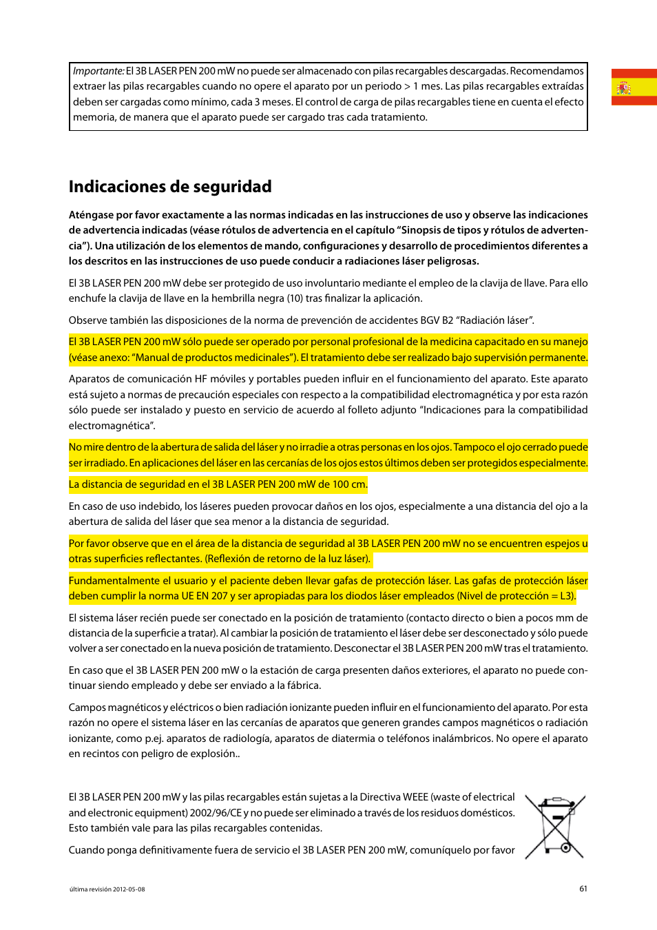 Indicaciones de seguridad | 3B Scientific Light Therapy__3B Laser Pen 200 mW, 808 nm; infrared User Manual | Page 61 / 74