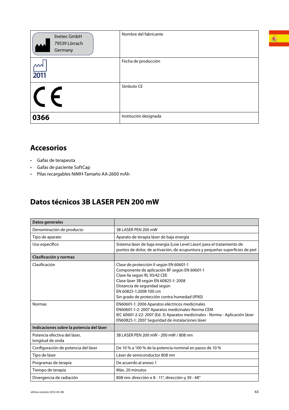 Accesorios, Datos técnicos 3b laser pen 200 mw | 3B Scientific Light Therapy__3B Laser Pen 200 mW, 808 nm; infrared User Manual | Page 63 / 74