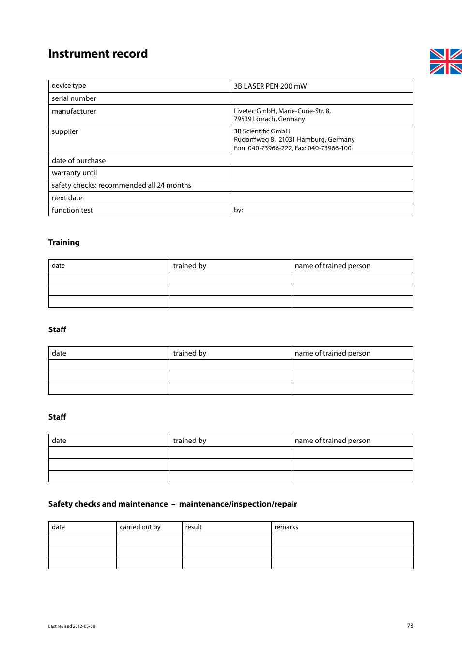 Instrument record | 3B Scientific Light Therapy__3B Laser Pen 200 mW, 808 nm; infrared User Manual | Page 73 / 74